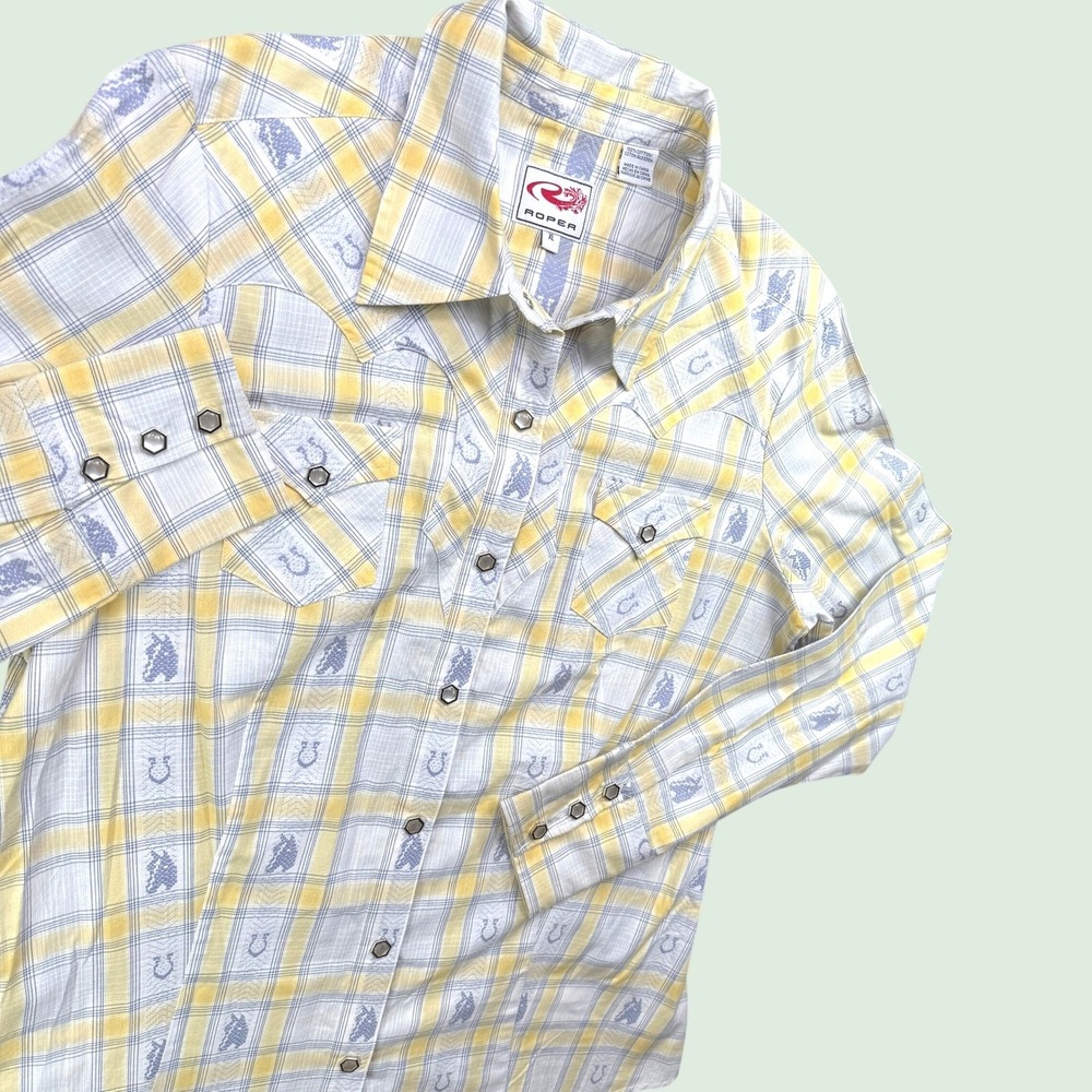 Roper Western Shirt Women XL Yellow Plaid Horse Horseshoe Pearl Snap‎ Cowgirl